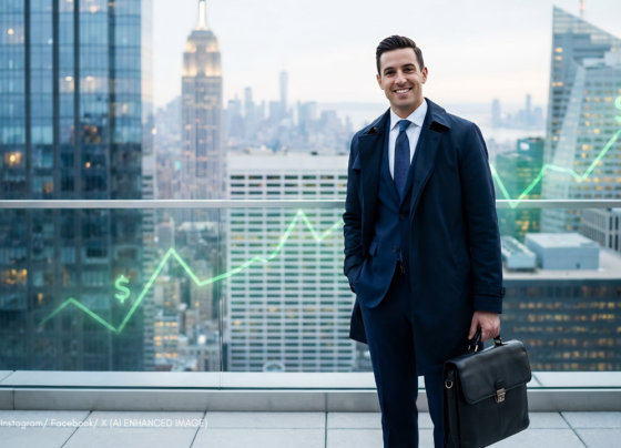 millionaires in America standing in front of city skyline with rising wealth graph