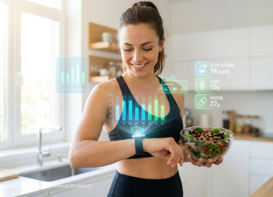 Data-driven diets 2026 — American woman tracking health metrics with CGM and fresh food