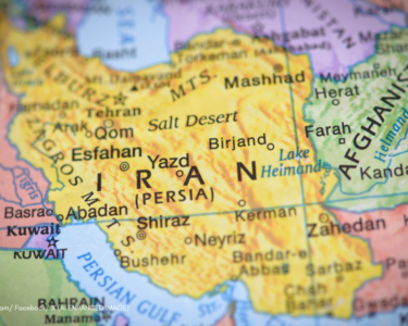 Strait of Hormuz aerial view with Iran and UAE coastlines