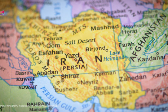 Strait of Hormuz aerial view with Iran and UAE coastlines