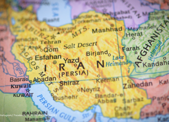 Strait of Hormuz aerial view with Iran and UAE coastlines